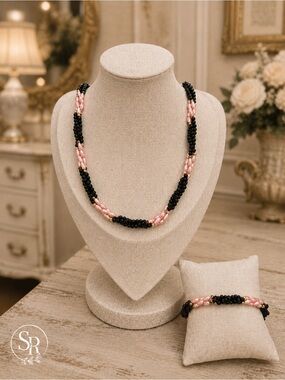 Vintage Glass Bead Torsade Necklace & Bracelet Set Pink Black Gold Multi Strand